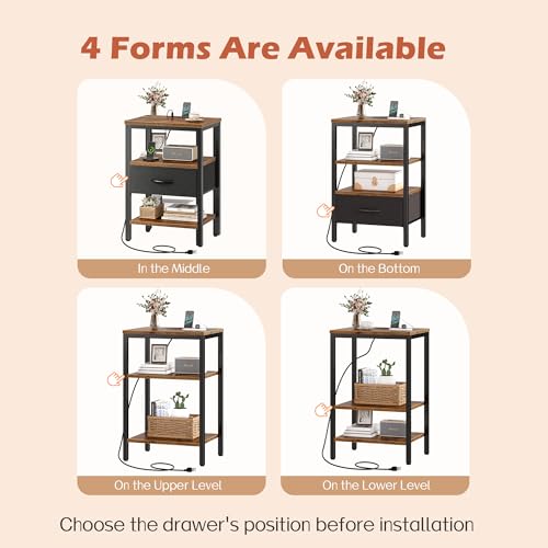 SUPERJARE Nightstand with Charging Station, Fabric Drawer, 3-Tier Storage, Walnut K366263