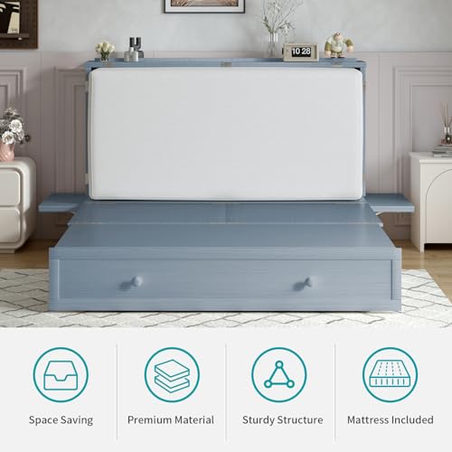 BALUS Murphy Bed Cabinet Queen with Tri-fold Mattress, USB Charging Station, Grey-Blue X7255