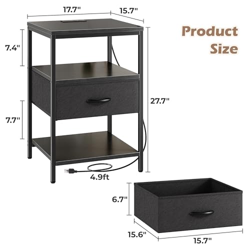 SUPERJARE Nightstand with Charging Station, Fabric Drawer, 3-Tier Storage, Walnut K366263