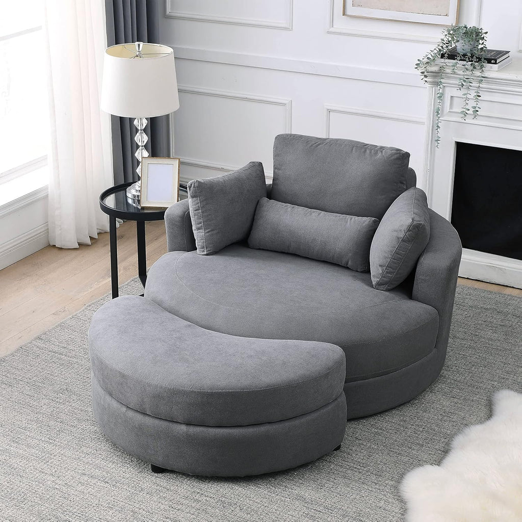 Welike Swivel Accent Barrel Chair with Ottoman, Dark Grey Linen Fabric I52821