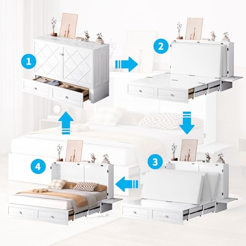 Mjkone Queen Murphy Bed Cabinet with Tri-Folding Mattress, White E6299