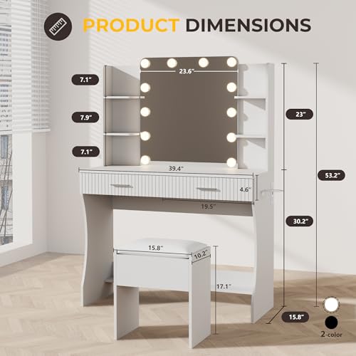 White Vanity Desk with LED Mirror and Storage Stool D5834