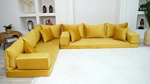 L Shaped Velvet Floor Cushion Sofa with Ottoman and Pillows V120