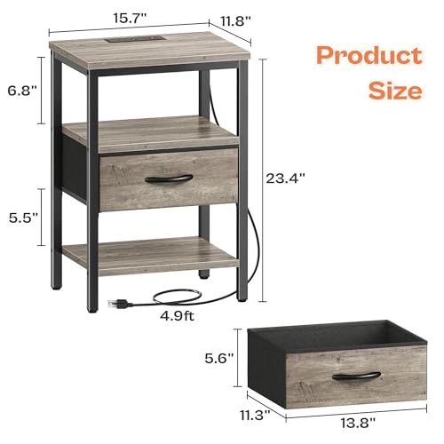 SUPERJARE Nightstand with Charging Station, Fabric Drawer, 3-Tier Storage, Walnut K366263