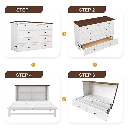 Queen Size Solid Pine Murphy Bed Chest with Charging Station and Storage Drawer K498
