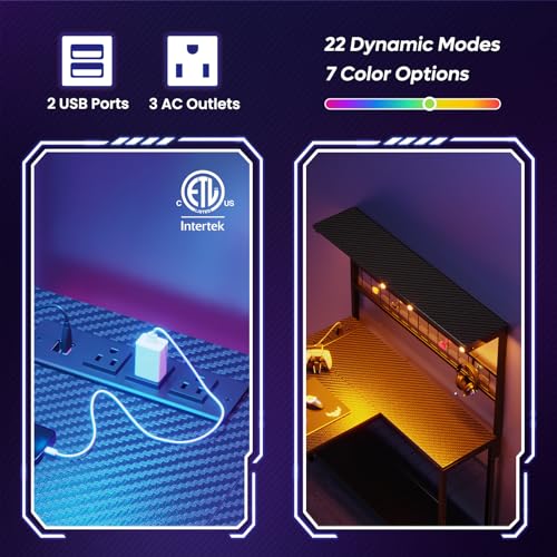 Bestier 42 L Gaming Desk with Power Outlets, LED Lights and Shelves D8630