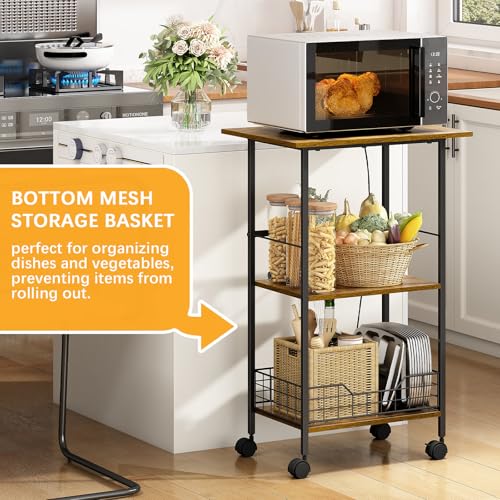 Microwave Cart with Storage, 3-Tier Rolling Kitchen Stand, Wood and Metal Utility Cart I6668