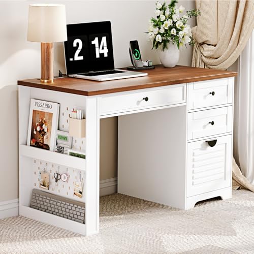 Antique Cream 59" Executive Farmhouse Computer Desk with 7 Drawers and Charging Station R75936