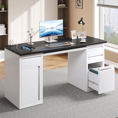 YITAHOME Office Desk with 5 Drawers, Power Outlets, 57 Inch, Black I604444