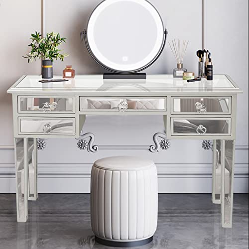 Henf Mirrored Vanity Desk Silver Console Table Sofa Table with 3 Faux Diamonds Drawers, Modern Glass Vanity Table Dressing Table Makeup Stand for Entryway/Foryer/Bedroom/Living Room