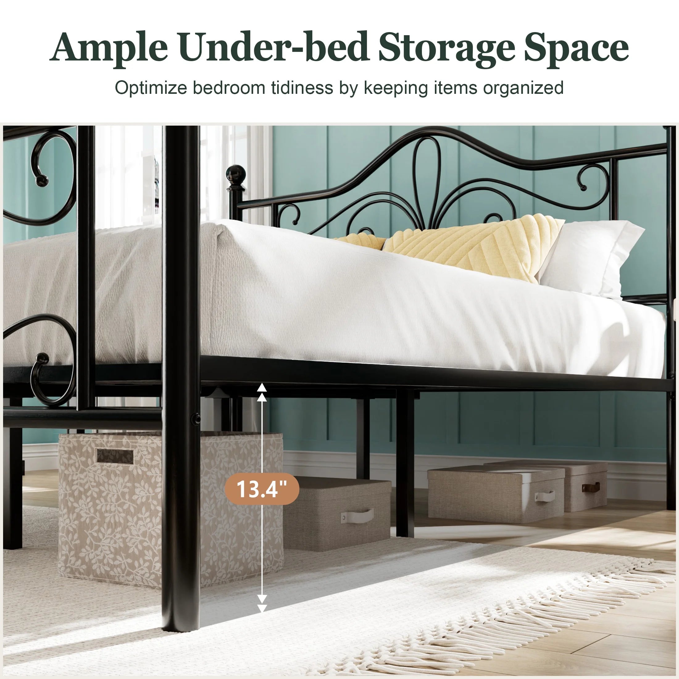 Amolife Queen Size Metal Platform Bed Frame with Vintage Butterfly Pattern Headboard, Black V7016