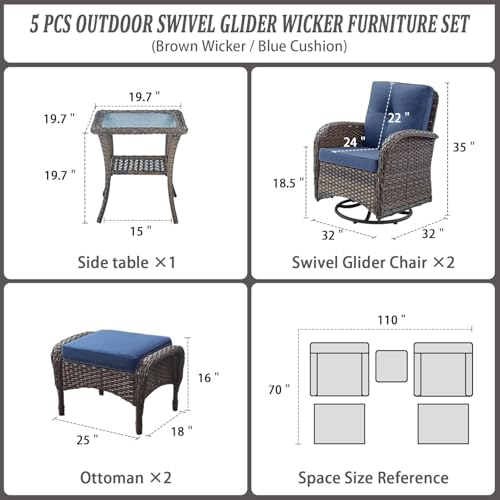 Outdoor Wicker Swivel Rocker Chairs Set of 2 with Rattan Side Table, Brown/Blue B592