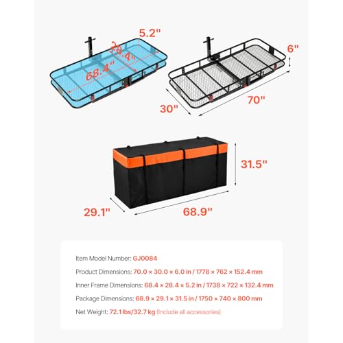 VEVOR 70" x 30" x 6" Hitch Cargo Carrier, 500 lbs Capacity, Folding for 2" Receiver I3546