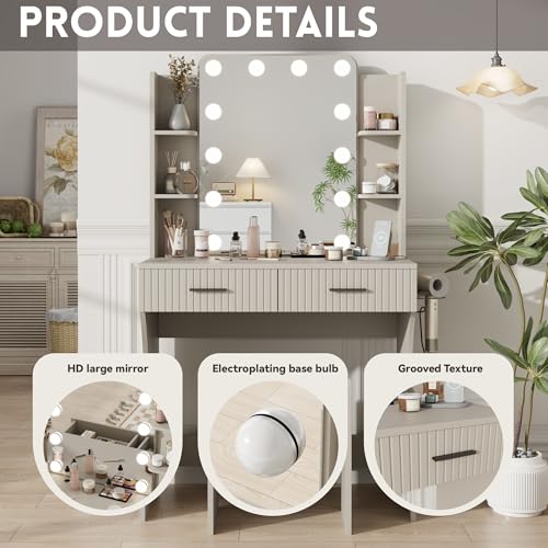 White Vanity Desk with LED Mirror and Storage Stool D5834