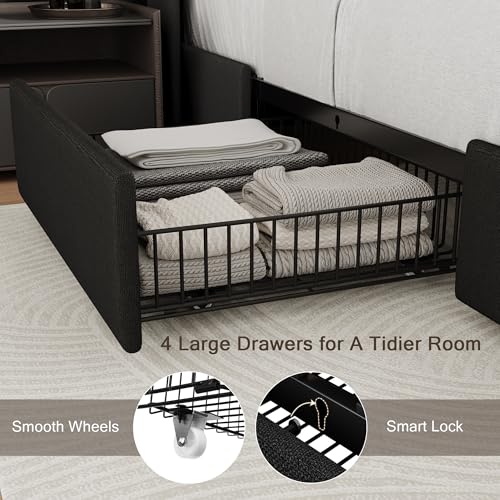 Queen Bed Frame with 4 Storage Drawers and Charging Station, Black S804993