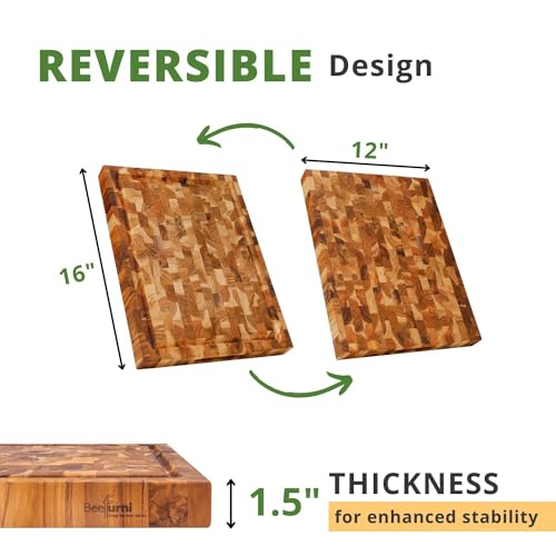 BEEFURNI Teak Wood End Grain Cutting Board with Juice Groove, Medium T51025