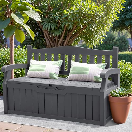 Greesum 80 Gallon Outdoor Storage Bench, Resin Patio Furniture, Dark Black I77551