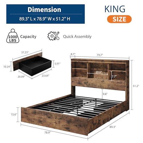 GarveeHome Full Size Bed Frame with Bookcase Headboard and Charging Station Z337