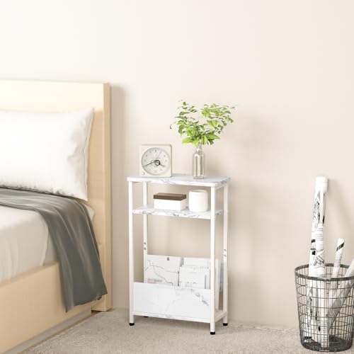 7.1" Narrow 3-Tier Side Table with Magazine Holder, Faux White Marble R580691