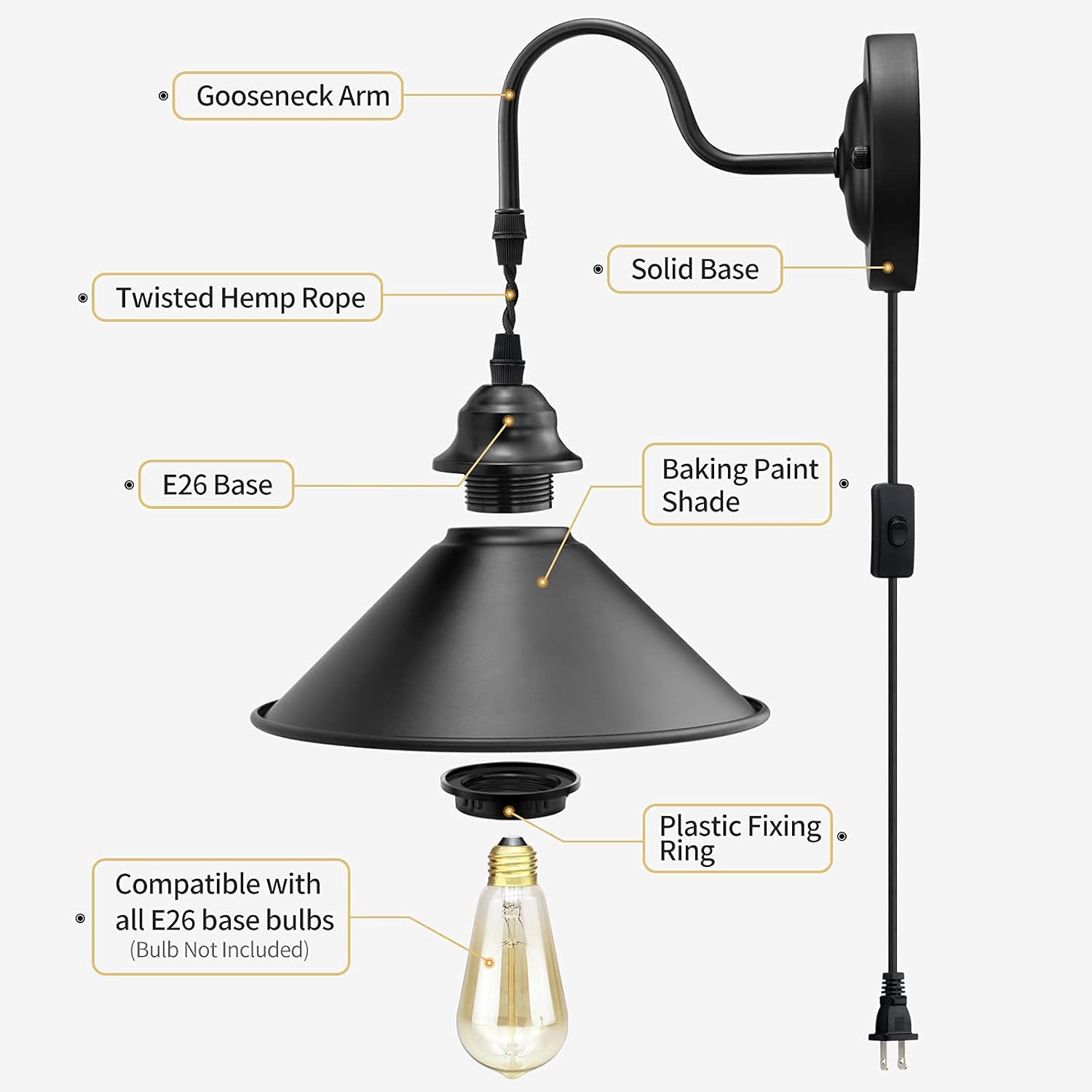 Vintage Plug in Wall Sconces Set of 2 with On/Off Switch, Metal Black Industrial Gooseneck Wall Lamp S132294