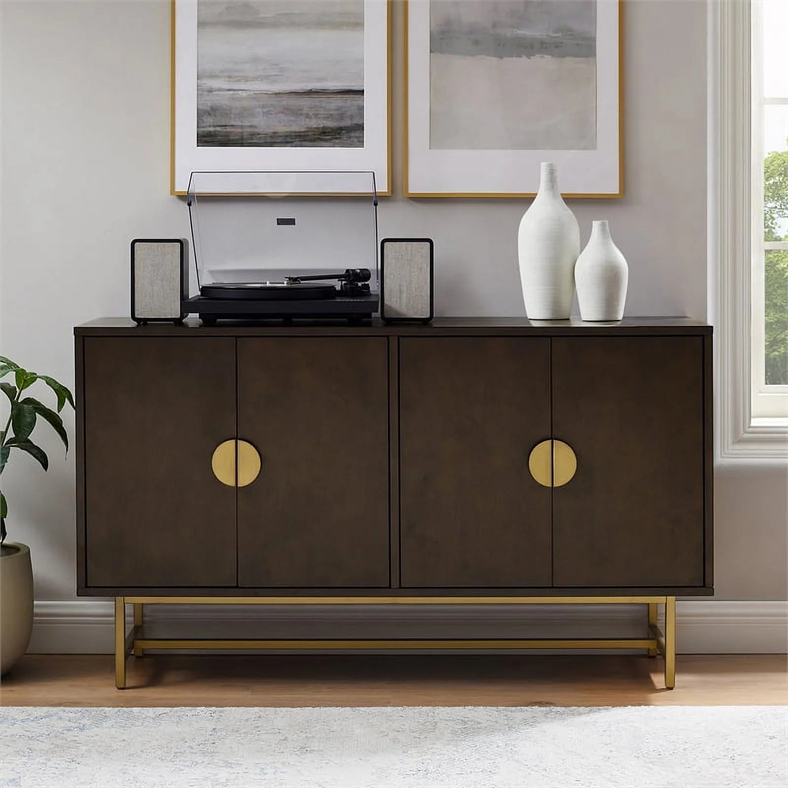 Crosley Furniture Blair Mid-Century Wood/Steel Sideboard, Dark Brown/Gold N739091