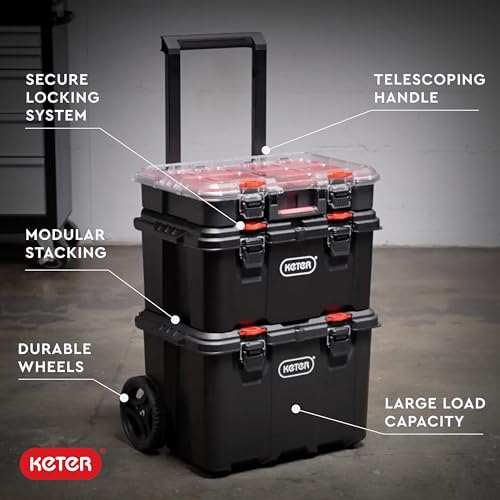 Keter Stack-n-Roll Modular Tools Organizer, 3 Piece Resin Rolling Tool Box, Black S451