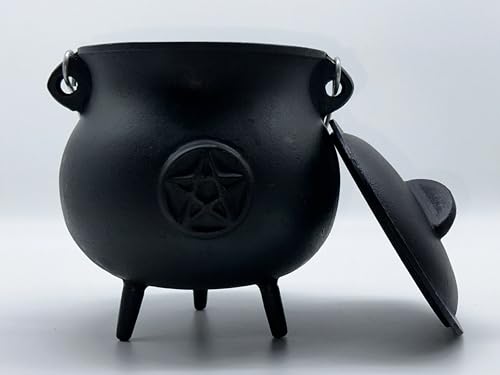 X-Large Pentacle Cast Iron Cauldron with Lid and Handle, 7.5" Diameter I70629