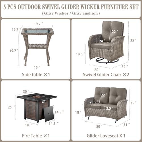 Outdoor Wicker Swivel Rocker Chairs Set of 2 with Rattan Side Table, Brown/Blue B592