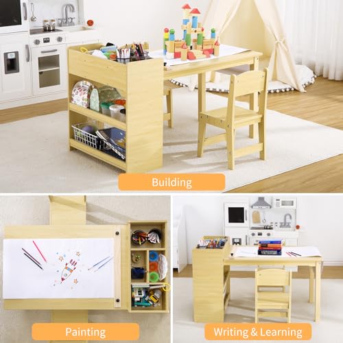Kids Art Table with 2 Chairs, Toddler Craft Wood Activity Desk with Storage Shelves O767611