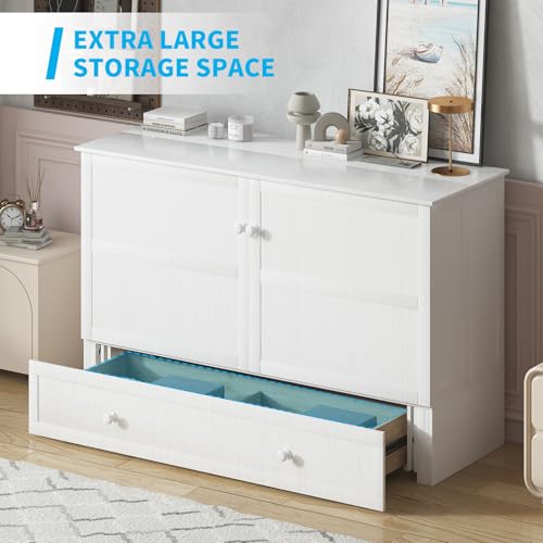 Mjkone Murphy Bed Queen Cabinet Bed with Tri-fold Mattress and USB Charging Station, White J746862