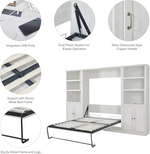 MERITLINE Queen Murphy Bed with Storage Bookcase and Charging Station E996