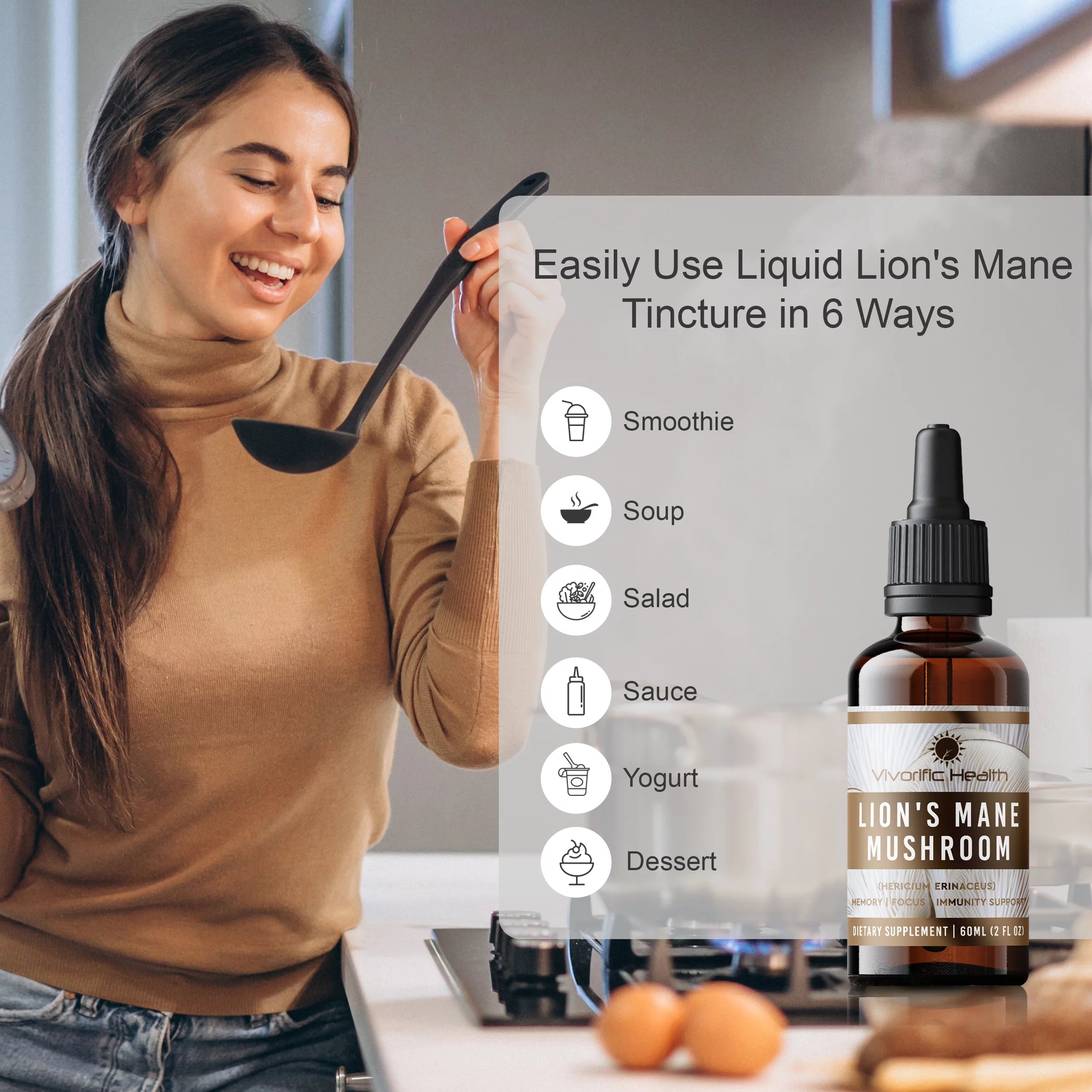 Vivorific Health Lion's Mane Mushroom Supplement Tincture, Alcohol Free, 2 fl oz P1775