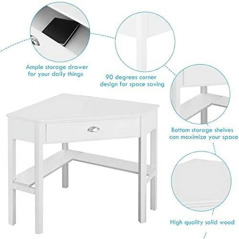 KHBIULIFE Corner Desk with Drawer and Shelves for Small Space, White & Natural O862