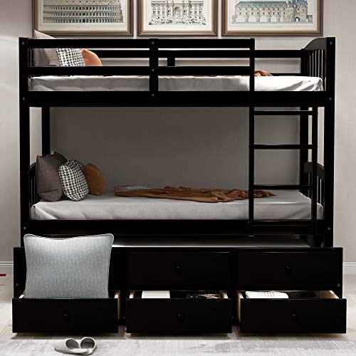 Harper & Bright Designs Twin Over Twin Bunk Bed with Storage Drawers, Solid Wood, Espresso P440327