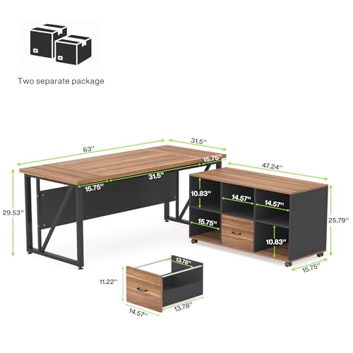 Tribesigns 63" Executive Desk with 47" Lateral File Cabinet, L-Shaped Computer Desk, Brown and Black N680173