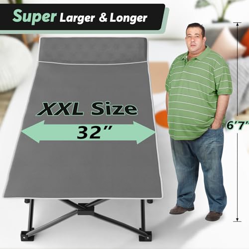 Slendor Oversized XXL Folding Camping Cot for Adults with Mattress and Carry Bag, Grey K607458