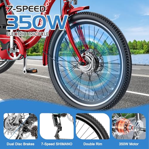 MOONCOOL Electric Tricycle for Adults, 350W 36V, 7 Speeds with Large Basket L833080
