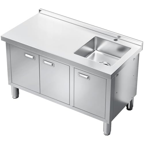 ZZV Freestanding Stainless Steel Sink with Cabinet Heavy Duty Utility Sink Commercial for Kitchen Restaurant Hotel Cafe and Outdoor, 21.66 x 63 x 35.43 inches