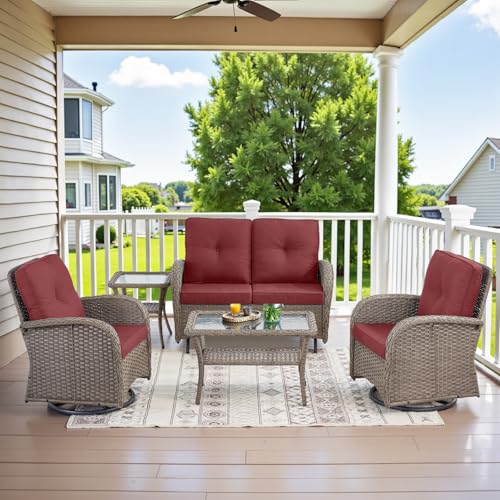Outdoor Wicker Swivel Rocker Chairs Set of 2 with Rattan Side Table, Brown/Blue B592