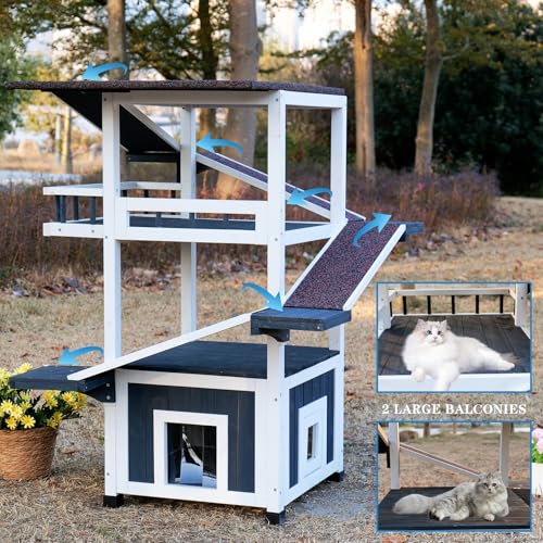 4 Tiers Cat House for Outdoor Cats, Weatherproof Feral Cat Shelter A64114