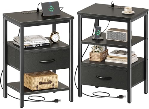 SUPERJARE Nightstand with Charging Station, Fabric Drawer, 3-Tier Storage, Walnut K366263