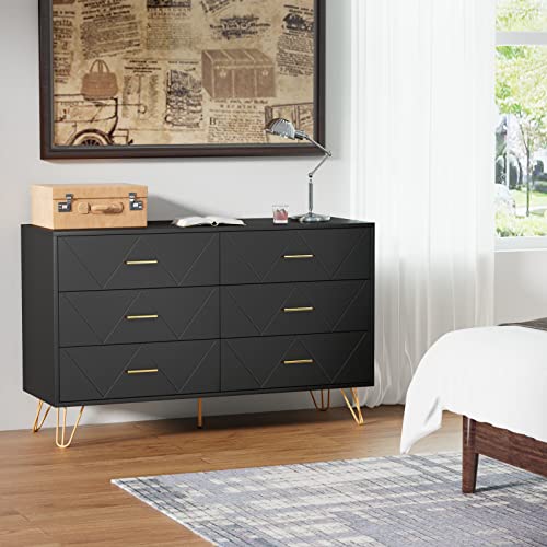 LYNSOM White Dresser, 6 Drawer Chest with Metal Handles for Bedroom A614366