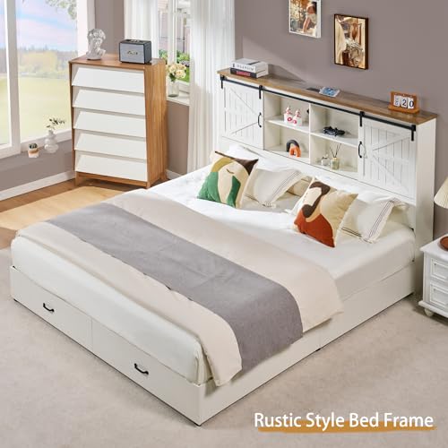 VanAcc Full Size Wooden Platform Bed with Bookcase Headboard and 2 Drawers O6158