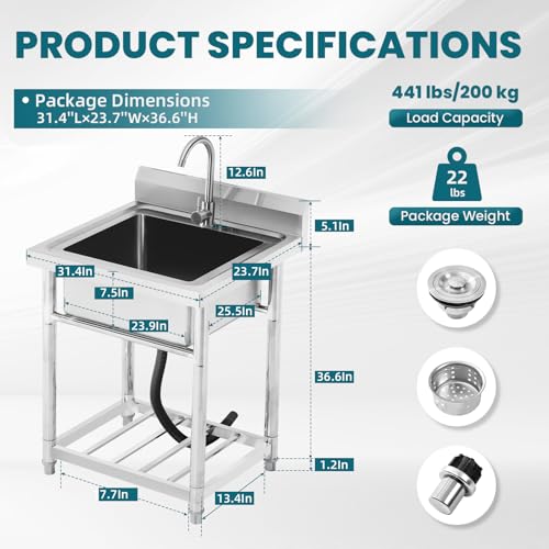 Stainless Steel Free Standing Utility Sink Single Bowl with Hot Cold Pipe R683
