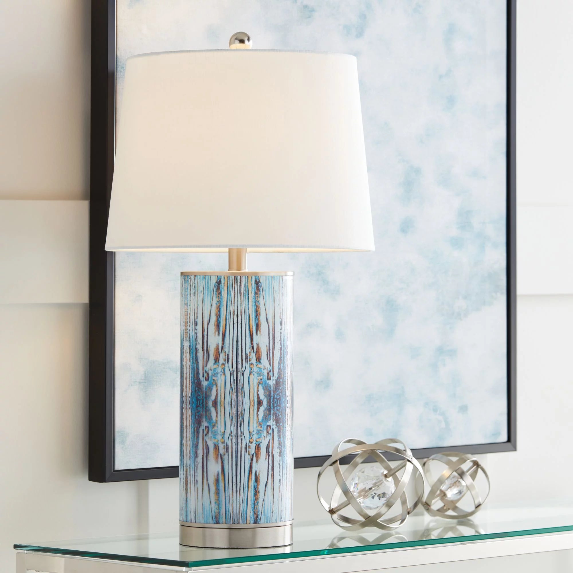 360 Lighting Mendes Modern Coastal Table Lamp 26 1/2" High Brushed Nickel Blue Glass White Shade for Bedroom Living Room Bedside Nightstand Office