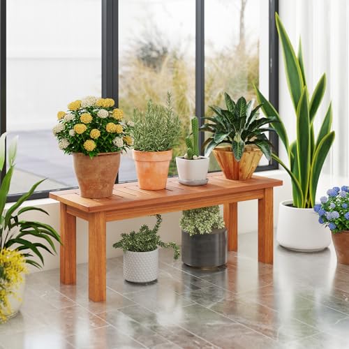 Tangkula Wooden Plant Stand with Teak Oil Finish for Outdoor Indoor B657