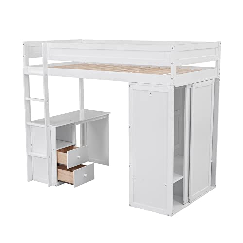 Full Size Loft Bed with Storage Wardrobe and Desk for Kids Teens Adults White K66587