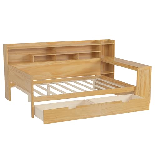 Bellemave Twin Corner Bed Frame with Storage Shelves and Desk, Gray L74206