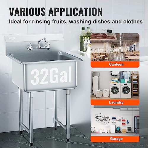 VEVOR Stainless Steel Prep & Utility Sink with Faucet and Legs, 21"x18" Single Bowl L5070
