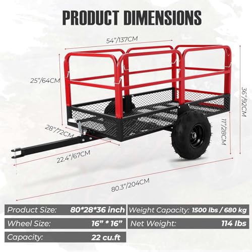 ATV Trailer Dump Cart Tow Behind, 1500 LBS Heavy Duty Steel Yard Wagon U286019